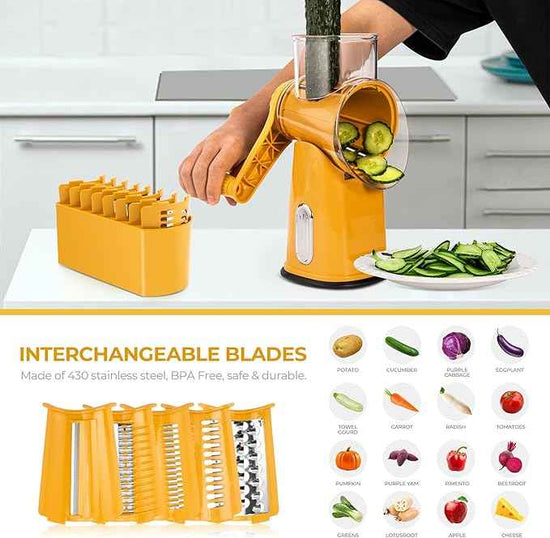 SUSTEAS Rotary Cheese Grater with Handle - Vegetable Shredder with 5 Well-designed Blades & Strong Suction Base,Round Mandoline Slicer & Food Chopper for Kitchen,with Blade Storage Box(Yellow)