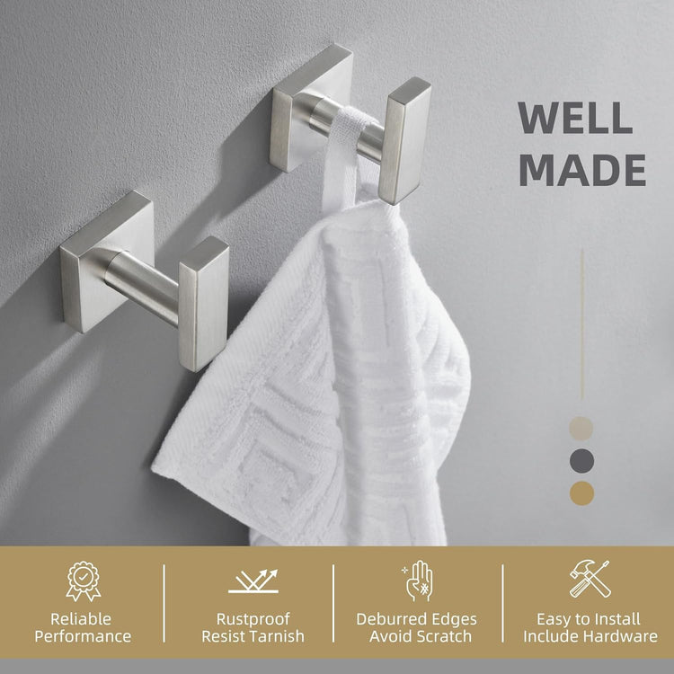 Angle Simple Bathroom Towel Hook 2 Pack, SUS304 Stainless Steel Bath Robe Holder, Modern Coat Hook Wall Mounted, Brushed Nickel