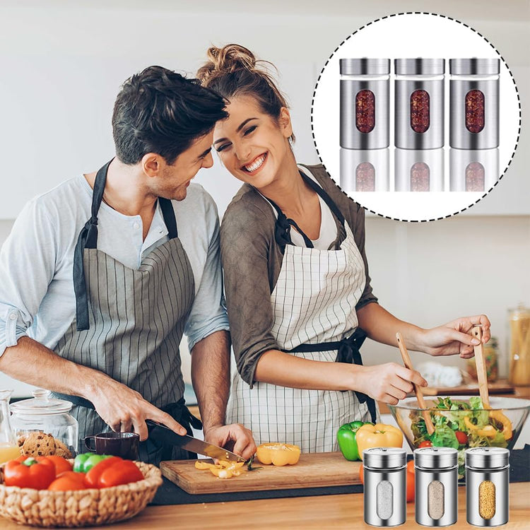 6 Pack Salt and Pepper Shakers, 80ml Spice Jars with Shaker lids, Salt Shakers Glass with Adjustable Pour Holes, Stainless Steel Seasoning Containers, Spice Bottles Glass for Kitchen