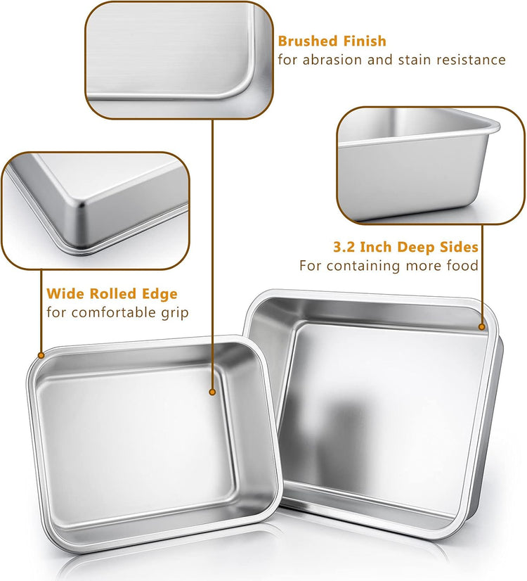 Deep Lasagna Pan Set of 2, E-far Stainless Steel Rectangular Roasting Baking Pans, 12.75 x 10 & 10.6x8.3 Inches Roaster Baking Dish, Non-Toxic & Heavy Duty, Dishwasher Safe