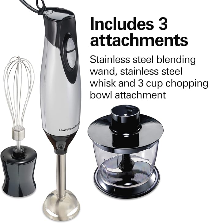 Hamilton Beach 4-in-1 Electric Immersion Hand Blender with Handheld Blending Stick, Whisk + 3-Cup Food & Vegetable Chopper Bowl, 2-Speeds, 225 Watts, Silver and Stainless Steel (59765)
