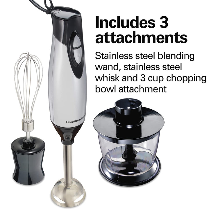 4-in-1 Electric Immersion Hand Blender with Handheld Blending Stick, Whisk + 3-Cup Food & Vegetable Chopper Bowl, 2-Speeds, 225 Watts, Silver and Stainless Steel (59765)