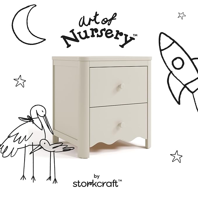 Storkcraft Casablanca 2 Drawer Nightstand (Frosted Oat) - GREENGUARD Gold Certified, Storage for Kids Bedroom, Premium Wood Nightstand with Elegant, Iconic Wave Detailing and Rounded Posts
