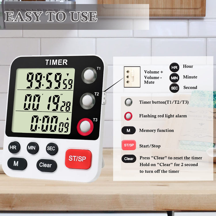 Digital 3 Channels Kitchen Cooking Multiple Timer with Large LCD Count Up Down Stopwatch ON Off Switch Timer for Teaching Reading 3