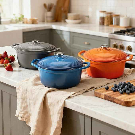Overmont Refined Enameled Cast Iron Dutch Oven - 5.5QT Pot with Wide Handles Lid Cookbook & Cotton Potholders - Heavy-Duty Pre-Seasoned Cookware Oven Safe to 500°F for Braising, Stews, Roasting, Bread Baking