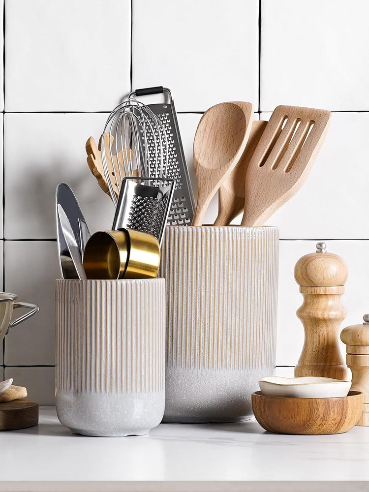 LE TAUCI Utensil Holder, 7.3"+5.4" Ceramic Kitchen Utensil Holder for Countertop, Large Cooking Utensil Crocks for Kitchen Counter, Morden Utensil Organizer for Spatula, Set of 2, Glaze Marble Gray
