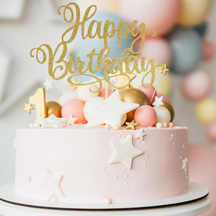 Happy Birthday Cake Toppers 9 Inch Glitter Happy Birthday Cake Pick for Birthday Anniversary Theme Party Cake Decorations Supplies - Champagne Gold