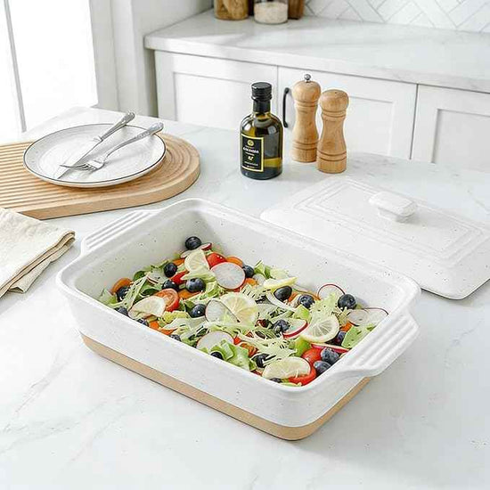 HVH Ceramic Casserole Dish with Lid - Oven Safe, 9x13 Rectangular Baking Dish, 3.5 Quart, Farmhouse Style (White)