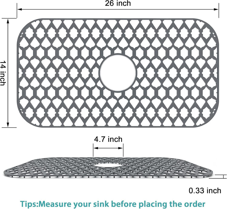 Large Sink Protectors for Kitchen Sink 19”x13”& 24”x13”& 26”x14”, Silicone Sink Mats Grid for Bottom of Farmhouse Stainless Steel Porcelain Sink (26”x14”, Center Drain)