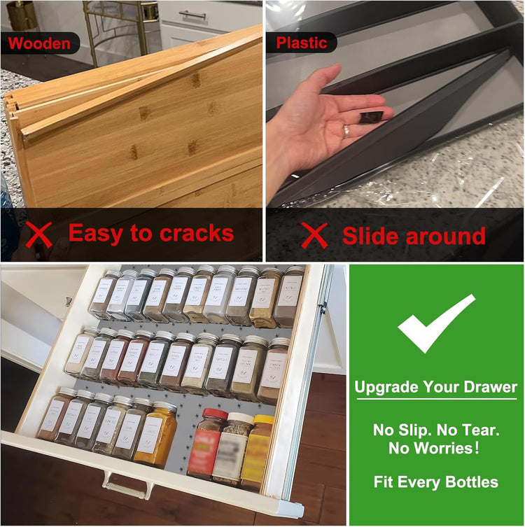 Gosmol Spice Drawer Organizer insert, Adjustable & Non-Slip Silicone Spice Drawer Liner for Seasoning Jars and Spice Bottles, Set of 2-Grey