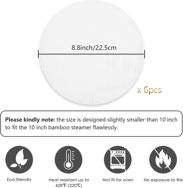 Bamboo Steamer Silicone Liners 10-Inch 6Pcs, BPA Free, Reusable & Non Stick for Food Steamer, Air Fryer, Steaming Dumpling Dim Sum Vegetable, Round Mesh Parchment Baking Sheet Paper