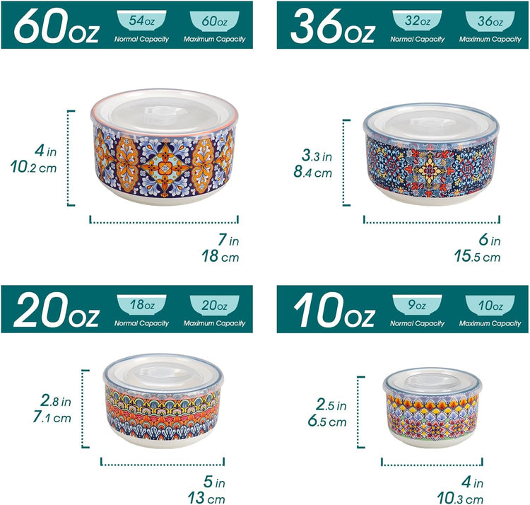 vancasso Mixing Bowls with Lids Set of 4, Ceramic Nesting Bowls Serving Bowl for Food Storage, Microwave and Dishwasher Safe, 60/36/20/10 OZ, Series SIMI