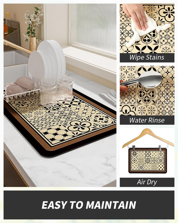 AMOAMI Coffee Mat Hide Stain Rubber Backed Absorbent Dish Drying Mat for Kitchen Counter - Fits Under Coffee Maker or Machine - Khaki 17x31.5