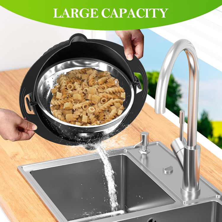 4-1 Colander with Bowl Set - Colander for Kitchen - Strainers and Colanders - Pasta Strainer - Funny Presents for Women - Rice Strainer Fruit Cleaner Veggie Wash Kitchen Gadgets Essentials, Black