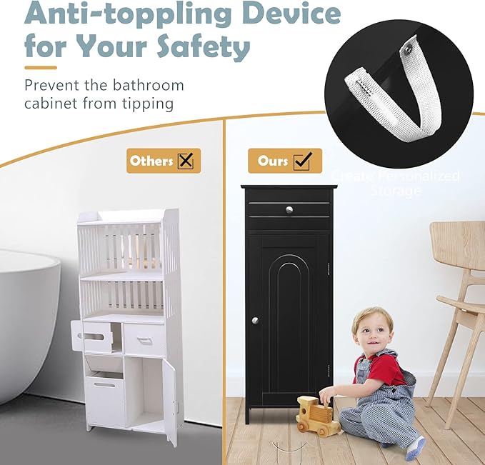 COSTWAY Bathroom Storage Cabinet, Single Door Floor Cabinet with Drawer and 3-Level Adjustable Shelves, Modern Side Storage Organizer with Anti-Tipping Device for Living Room, Bedroom (Black)