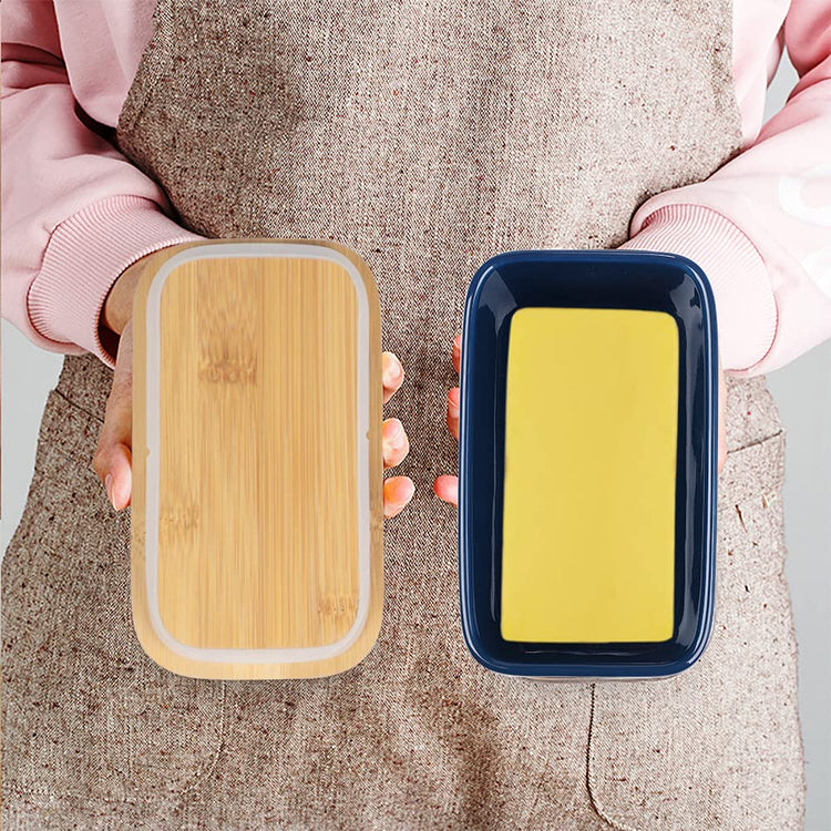 Ceramic Butter Dish with Bamboo Lid and Stainless Steel Knife Spreader