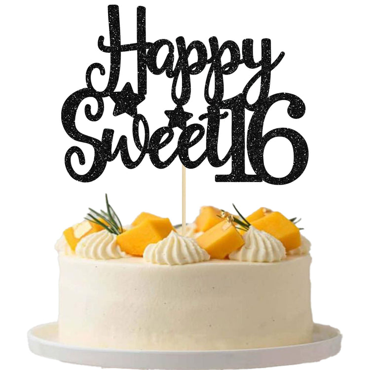 1Pc Happy Sweet 16 Cake Topper Glitter 16th Birthday Cake Pick for Cheers to 16 Years Old 16th Birthday Party Cake Decorations Supplies Black
