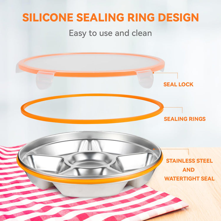 6 Compartment Stainless Steel Serving Tray with Lid