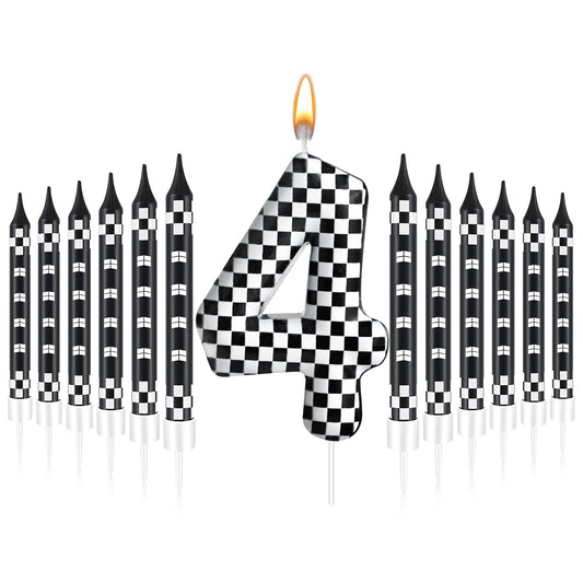 13 Pcs Racing Cars Themed Birthday Candles Black and White Race Number 4 Checkered Candle Cake Topper for Racing Car Party Decoration Supplies (13 Count)