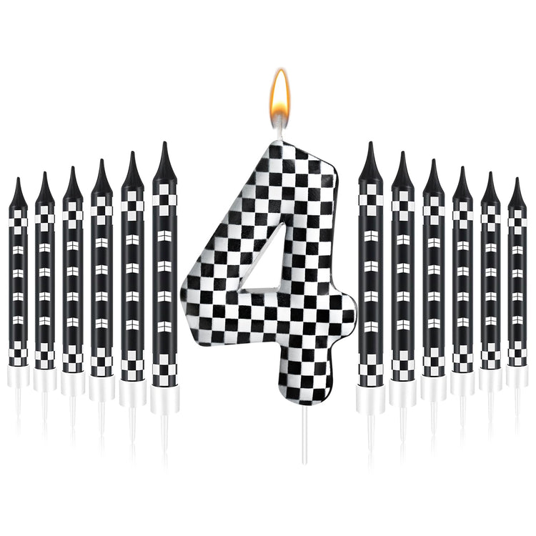 13 Pcs Racing Cars Themed Birthday Candles Black and White Race Number 4 Checkered Candle Cake Topper for Racing Car Party Decoration Supplies (13 Count)