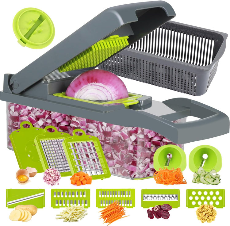 Ourokhome Vegetable Chopper Onion Cutter, 14 in 1 Professional Mandolin Slicer for Kitchen, Multifunctional Food Chopper for Potato, Tomato, Veggie with Strainer Basket, 10 Blades, Gray