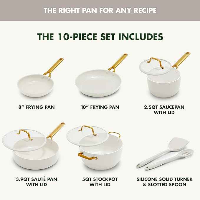 GreenPan Nonstick Reserve Pro 10 Piece Cookware Set, NSF Certified Ceramic, Hard Anodized PFAS-Free Pots & Pans Set with Lids, Stainless Steel Handles, Oven & Dishwasher Safe, Cream White