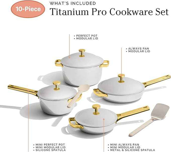 Our Place Titanium Pro Cookware Set | 10-Piece Pots and Pans Set with Always Pan Pro, Perfect Pot Pro & Minis | Non-Toxic No-Coating Nonstick | Induction & Oven-Safe up to 750°F | Gold