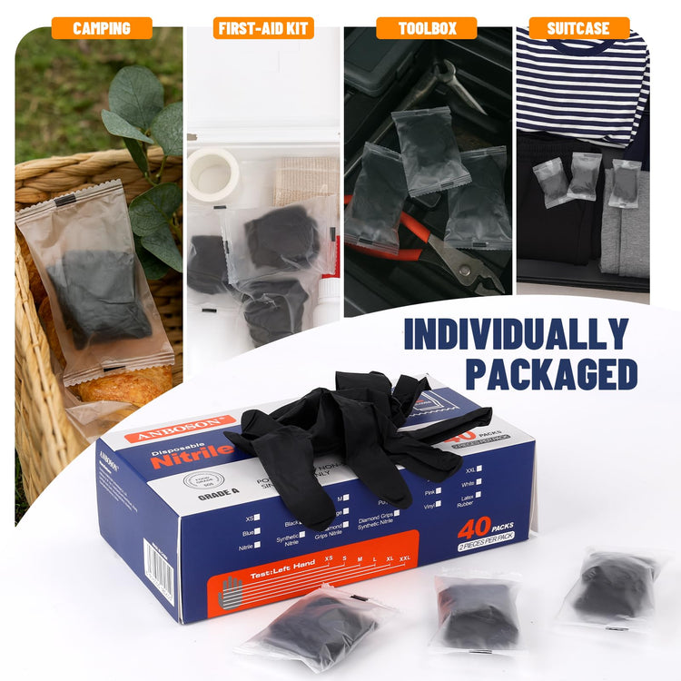 Individually Wrapped Black Disposable Nitrile Gloves (80 Count)