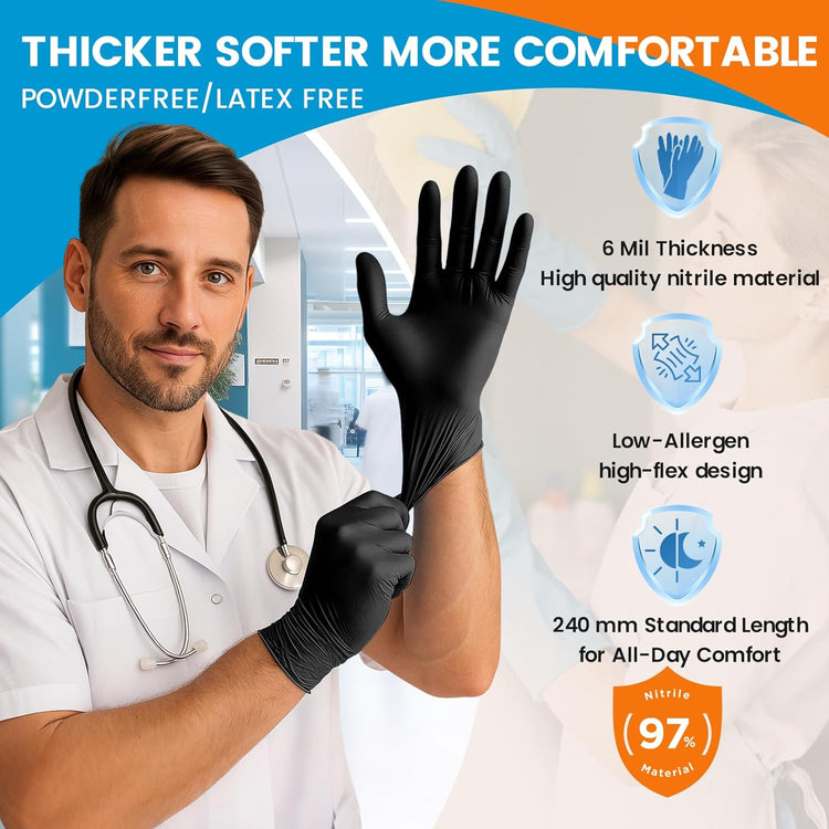 6 mil Disposable Nitrile Gloves, Heavy Duty Disposable Glove, Cooking Gloves, Latex Free, Powder Free (Black of 1000, X-Large)