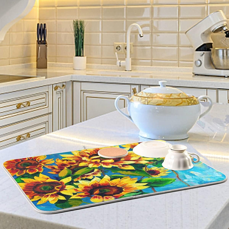 Super Absorbent Dish Drying Mat, Microfiber Fast-Drying Dish Mat, 24" x 18", Kitchen Dish Drying Pad, Sunflowers