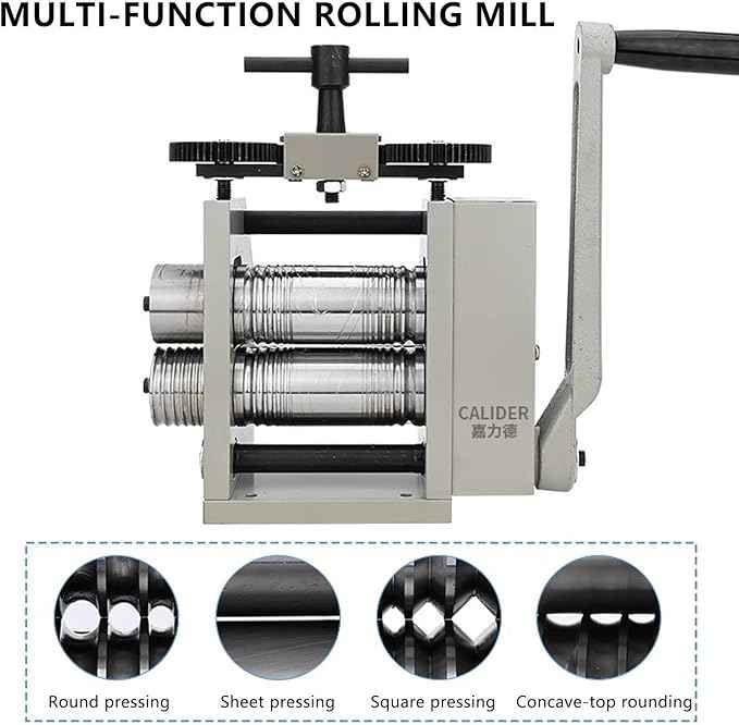 4-in-1 Rolling Mill, 2/"50mm Jewelry Rolling Mill with Hand Crank, Rolls Gold/Silver/Brass/Copper into Sheet, Square/Half-Round/Round Wires (Multi-Size) | 0.03-6.5mm Press Thickness