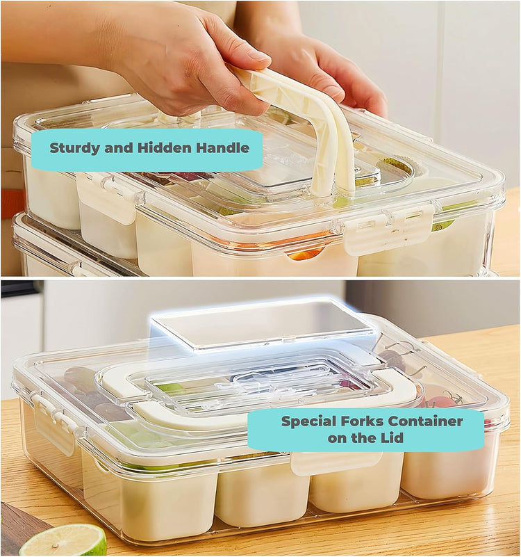 Snackle Box Container, Divided Serving Tray with Lid & Handle, Portable Snack Box Charcuterie Container for Nuts,Candy,Fruits, Snack Platter with 8 Compartments&6 forks for Party,Entertaining,Picnic