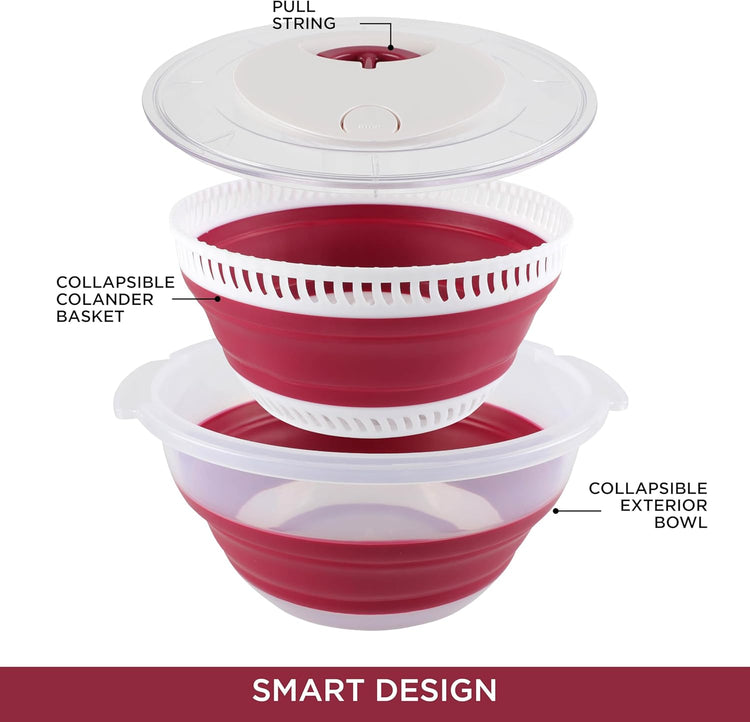 COOK WITH COLOR Collapsible Salad Spinner - 4 QT Space Saving Lettuce Dryer with Folding Collapsible Colander Great for Washing and Drying Fruit and Vegetables (Rose)