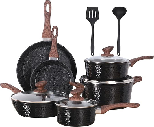 Kitchen Academy Induction Pots and Pans Set Non Stick - 12 Pcs Nonstick Kitchen Cookware Set, Black Hammered Cooking Pans Set