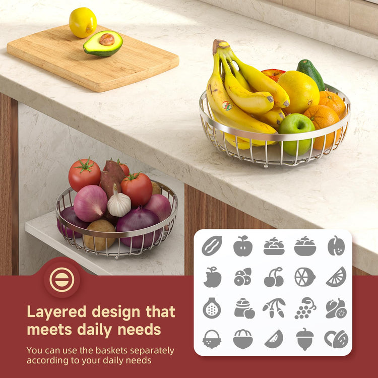 2 Tier Fruit Bowl for Kitchen Counter with Banana Hangers
