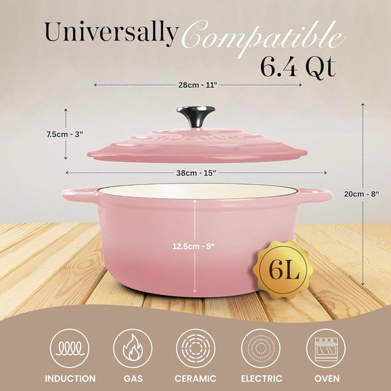 Nuovva Enamelled Cast Iron Dutch Oven Pot with Lid 6.4 Quart Non Stick Casserole Pot – Heavy Duty & Oven Safe up to 500° F for Bread Baking, Braising, Stews, Roasting – 28cm Pink - Nestoria