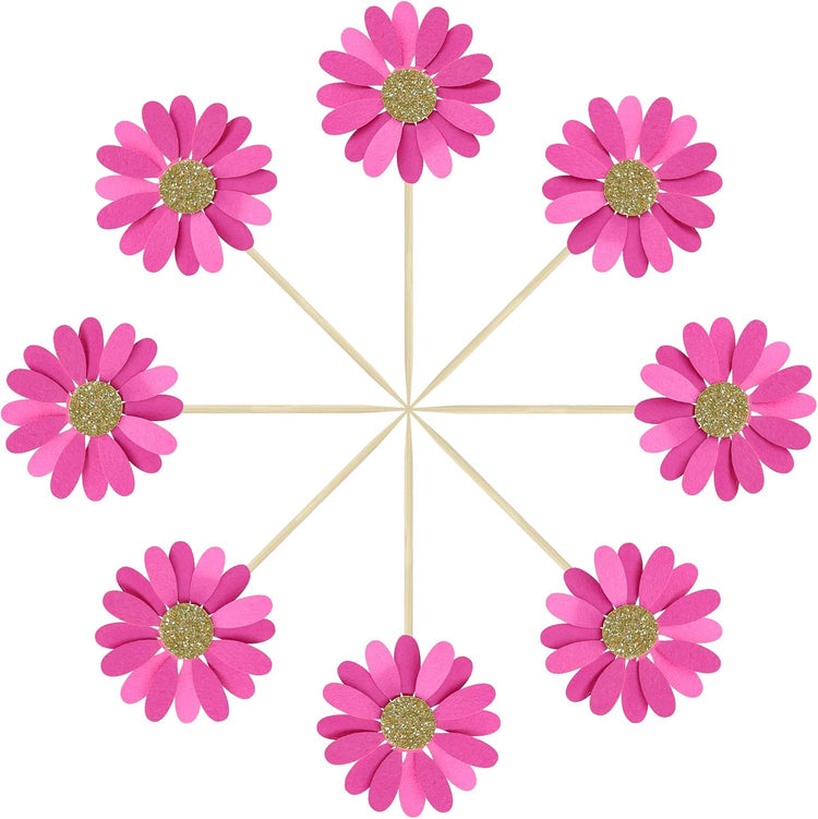 24Pcs Daisy Cupcake Toppers Flower Cake Topper Decorations Daisy Cake Decorations Chrysanthemum Cupcake Toppers Spring Daisy Flower Cake Picks for Birthday Wedding Supplies Rose Red