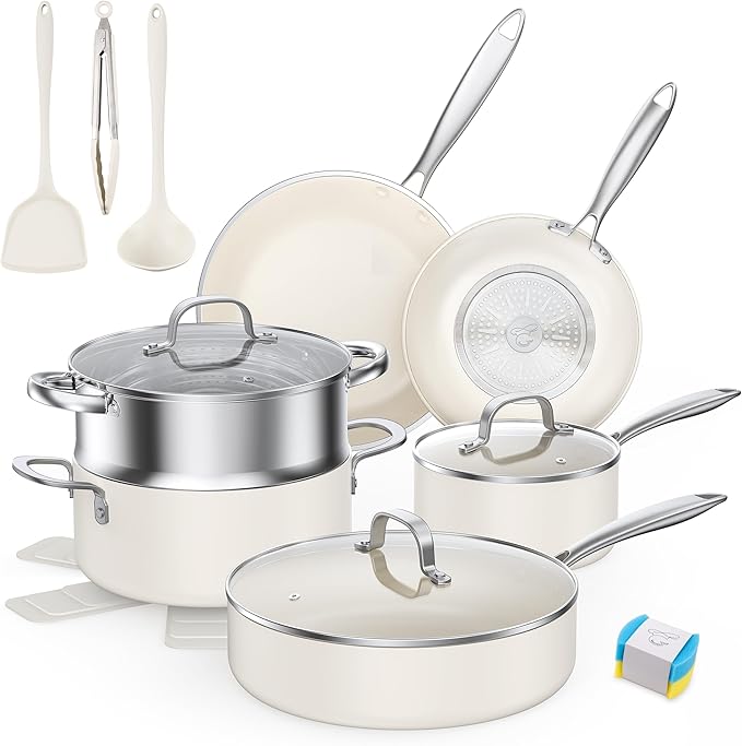 PekGema Ceramic Pots and Pans Set, 16 Pcs Cookware Set Non Toxic, Nonstick Kitchen Cookware, Oven Safe Cooking Pan Set, PFAS PTFE PFOA FREE,Compatible with All Cooktops, comfortable handle.Cream White