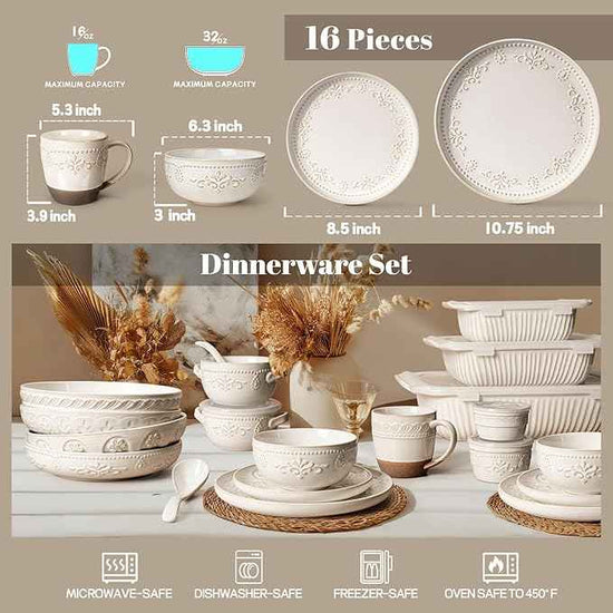 Artena Plates And Bowls Sets, 16 Pieces Dinnerware Sets, Dish Set For 4, Ceramic Kitchen Bowl And Plate Set, Embossed White Dishware Sets, Dishwasher & Microwave Safe (Damask Floral) (With Mugs)