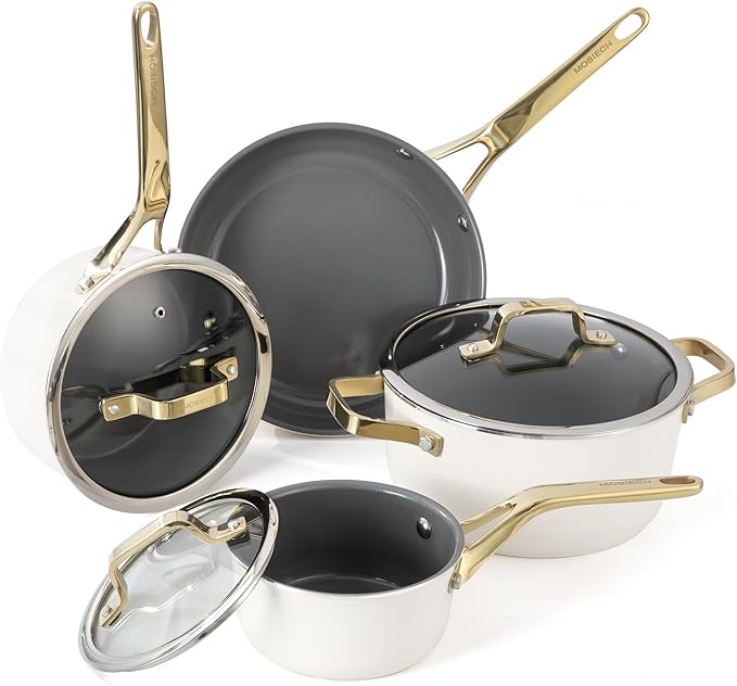 7-Piece Ceramic Nonstick Cookware Set with Lids - PFAS/PTFE/PFOA Free, Interior & Exterior Ceramic Coating -Easy to Clean- Kitchen Storage-All Stovetop Compatible & Oven-Safe up to 480°F