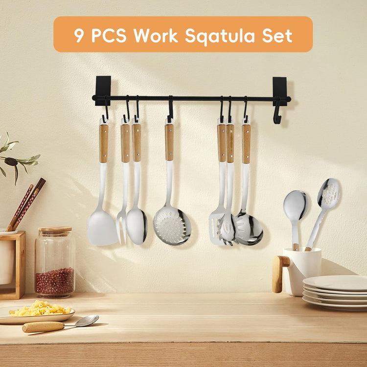 9pcs Cooking Utensils Set 304 Stainless Steel Kitchen Utensils with Wooden Hanlde Metal Kitchen Utensils Soup Ladle Set Dishwasher Safe Kitchen Essentials Set Kitchen Tool Set (9 Count)
