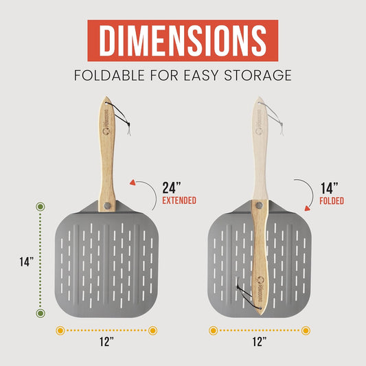 Chef Pomodoro Perforated Aluminum Metal Pizza Peel with Foldable Wood Handle for Easy Storage, Premium Pizza Paddle with Holes for Baking Homemade Pizza and Artisan Breads (12 inch)