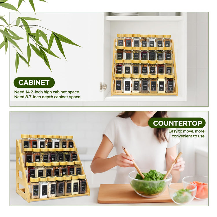 4Tier Bamboo Spice Rack Organizer with 28 Glass Spice Jars Empty 4 oz Jars