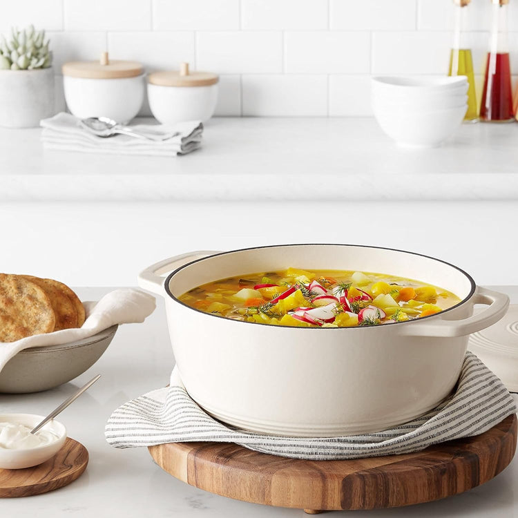 Amazon Basics Cast Iron Dutch Oven Pot with Lid, Enameled, Round, Dual Handles, Heavy-Duty, Medium, 6-Quart, White - Nestoria