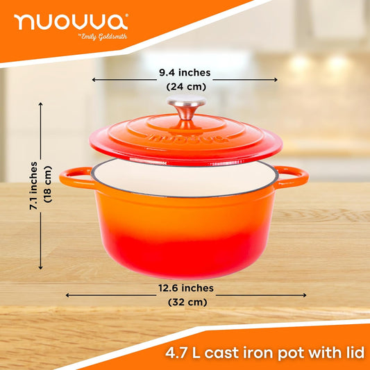 Cast Iron Pot with Lid – Non-Stick Ovenproof Enamelled Casserole Pot, Oven Safe up to 500° F – Sturdy Dutch Oven Cookware – Orange, 5-Quart, 24cm – by Nuovva - Nestoria