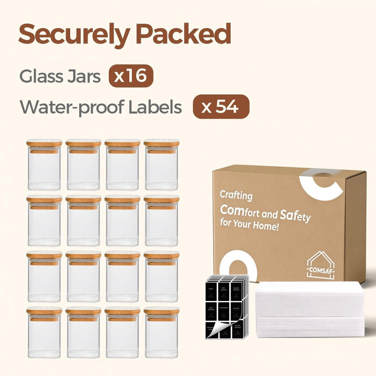Glass Spice Jars with Labels 6 oz 16 Pack Small Square Bamboo Lids (16 Count)