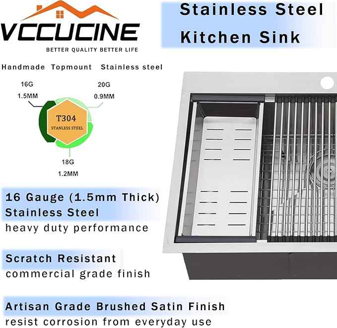 VCCUCINE 33x22 Inch Drop In Kitchen Sink,Overmount Stainless Steel Single Bowl Workstation Laundry Sink Top mount 2 Hole Farmhouse Kitchen with Cutting Board & Accessories