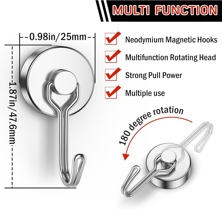 FINDMAG Magnetic Hooks, 60lbs+ Magnetic Hooks for Cruise Ship Essentials, Rare Earth Magnet Hooks Heavy Duty for Hanging, Magnetic Hanger for Garage, Grill, Fridge, Toolroom, Workplace, 6 Pack, Silver