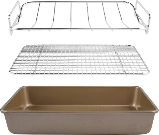 KitCom Bakeware Nonstick Carbon Steel Roaster with Flat Rack and V-Rack, 0.8MM Thickness Textured Base, Champagne Gold - Nestoria
