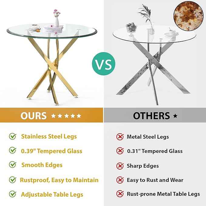 AF ARTISAN FURNITURE 5 Piece Square Glass Dining Table Set, Gold Glass Kitchen Table Set for 4 Modern Table Set with 4 Grey PU Upholstered Dining Chairs, for Small Space, Breakfast Nook